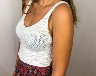 V neck white top, white crochet cotton top, knit top for women, summer tank top, white plunge top, Slip top, simple knit top, cami blouse.