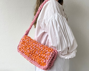 Colorful shoulder bag, orange and pink bag, messenger bag, crossbody bag, crochet bag, chunky bag, multicolored bag, knit purse, summer bag