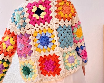 Granny square cardigan, cotton cardigan, crochet cardigan, summer cardigan, cotton bomber, patchwork cardigan, floral cardigan, retro jacket