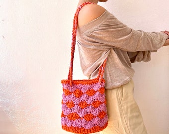 Shoulder bag, bucket bag, crossbody bag, crochet bag, retro bag, woven bag, pink and orange bag, unique bag, colorful bag, summer bag