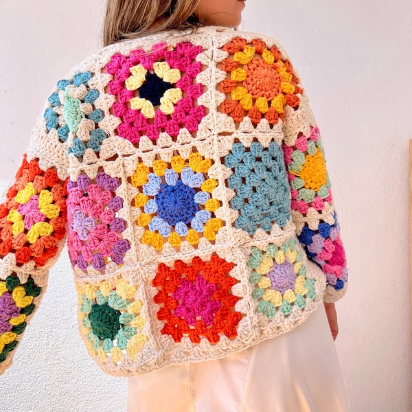 Granny square cardigan, cotton cardigan, crochet cardigan, summer cardigan, cotton bomber, patchwork cardigan, floral cardigan, retro jacket