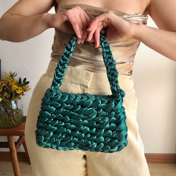 Small shoulder bag, green handbag, satin purse, statement bag, handle bag, evening shoulder bag, clutch purse, party purse, green pochette