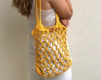 Crochet market bag, yellow crochet bag, Crochet net bag, mustard shoulder bag, strap crochet bag, summer tote bag, cotton mesh bag, net bag.