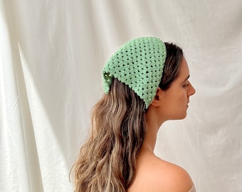 Crochet bandana, boho hair scarf, retro bandana, hair accessory, green bandana, vintage style bandana, crochet headband, cotton headband