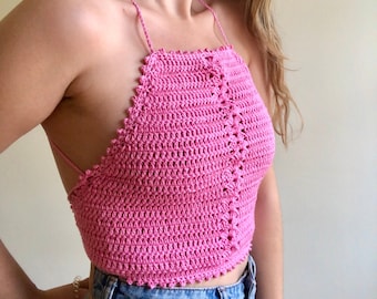 Pink crop top, Cropped Halter top, Halter top, crochet top, y2k crop top, cotton crop top, hand knitted top, backless top, tie back top