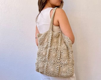 Crochet shoulder bag, beige crochet bag, crochet tote bag, crochet boho bag, afghan crochet bag, granny square bag, handmade crochet bag.