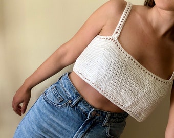 White knit top, Square neck top, white cotton top, bandeau crop top, pure cotton t-shirt, summer simple top, crochet tops, gift for daughter