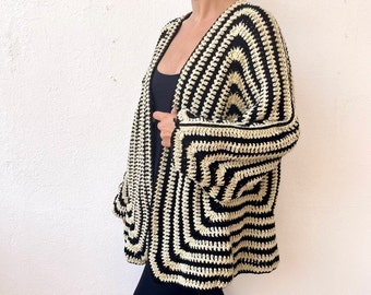 Oversized cardigan women, black kimono robe, striped cardigan, slouchy sweater, black and white cardigan, lightweight cardigan short kimono