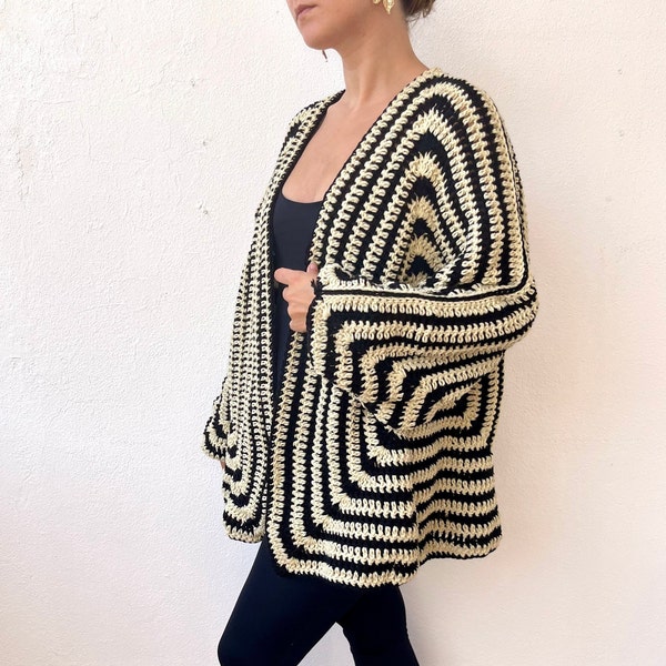 Cardigan surdimensionné pour femme, veste noire et blanche, kimono noir, veste rayée, kimono boho, veste de style japonais, cardigan tricoté