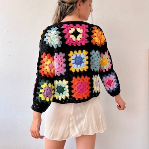 Crochet cotton cardigan, granny square cardigan, black cardigan, knit flower sweater, colorful knit cardigan, retro cardigan floral cardigan image 1