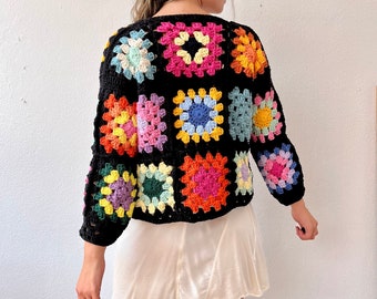 Crochet cotton cardigan, granny square cardigan, black cardigan, knit flower sweater, colorful knit cardigan, retro cardigan floral cardigan