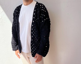 Black Cotton Cardigan for Men, Crochet Cardigan, Black