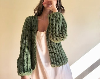 Crop knit cardigan, green knit oversize sweater, chunky wool cardigan, cable knit cardigan, knit bomber jacket, bulky sweater, wool coat