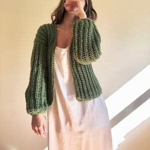 Crop knit cardigan, green knit oversize sweater, chunky wool cardigan, cable knit cardigan, knit bomber jacket, bulky sweater, wool coat Green