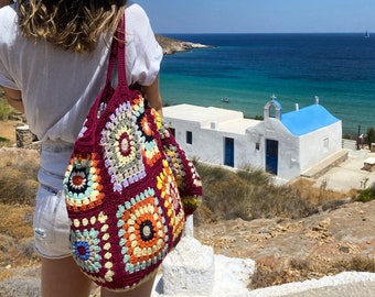 Crochet bag, burgundy bag, knit tote bag, crochet shoulder bag, granny square bag, retro crochet bag, handmade bag, woven bag, crochet purse