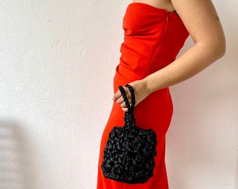 Black satin clutch, black handbag, knot bag, black evening bag, wedding purse, bucket bag, evening purse, small handbag, wedding guest bag