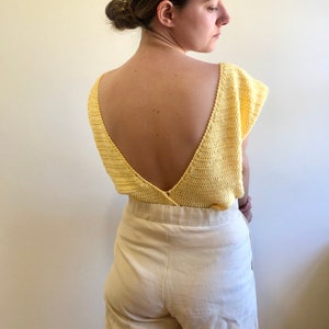 Low back top, yellow blouse, Crochet top, Backless top, open back shirt, sleeveless top, boat neck top, summer blouse, boho top, lace shirt