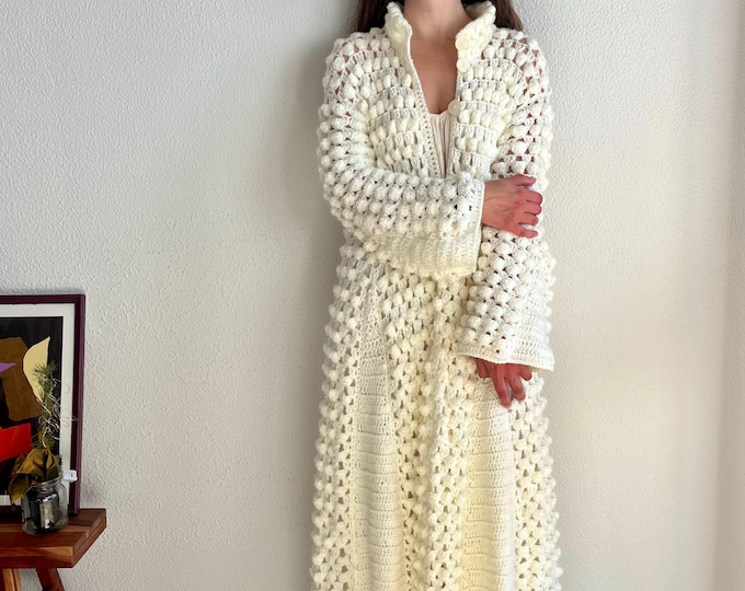 Floor length crochet robe, Maria callas cardigan, retro cardigan, crochet long sleeve dress, bridal dressing gown, crochet coat, flared coat