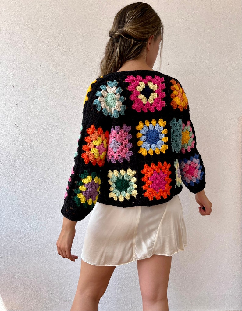 Granny square cardigan, cotton cardigan, crochet cardigan, summer cardigan, cotton bomber, patchwork cardigan, floral cardigan, retro jacket Black