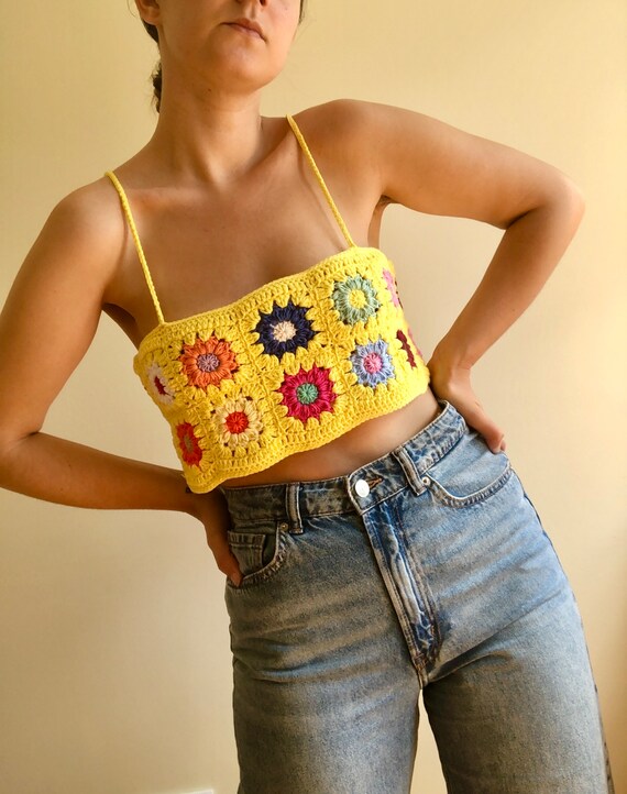 Crop Tops Y2k, Crochet Crop Top, Floral Crop Top, Sleeveless Cropped Top,  Granny Square Top, Rainbow Crop Top, Yellow Top, Bodycon Crop Top - Etsy
