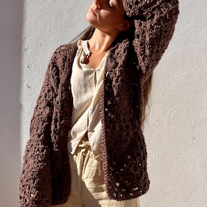 Handmade cardigan cotton, Black organic cotton cardigan, crochet cardigan, crochet sweater, granny square cardigan, knit cardigan, minimal image 18