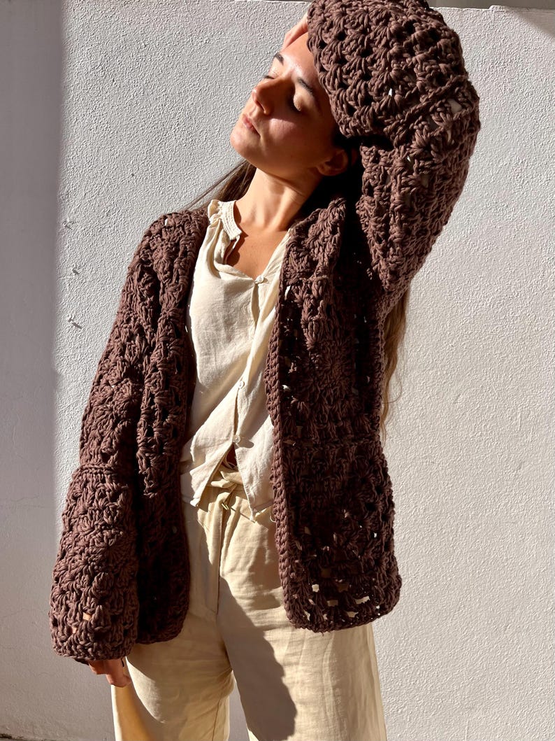 Handmade cardigan cotton, Black organic cotton cardigan, crochet cardigan, crochet sweater, granny square cardigan, knit cardigan, minimal image 18