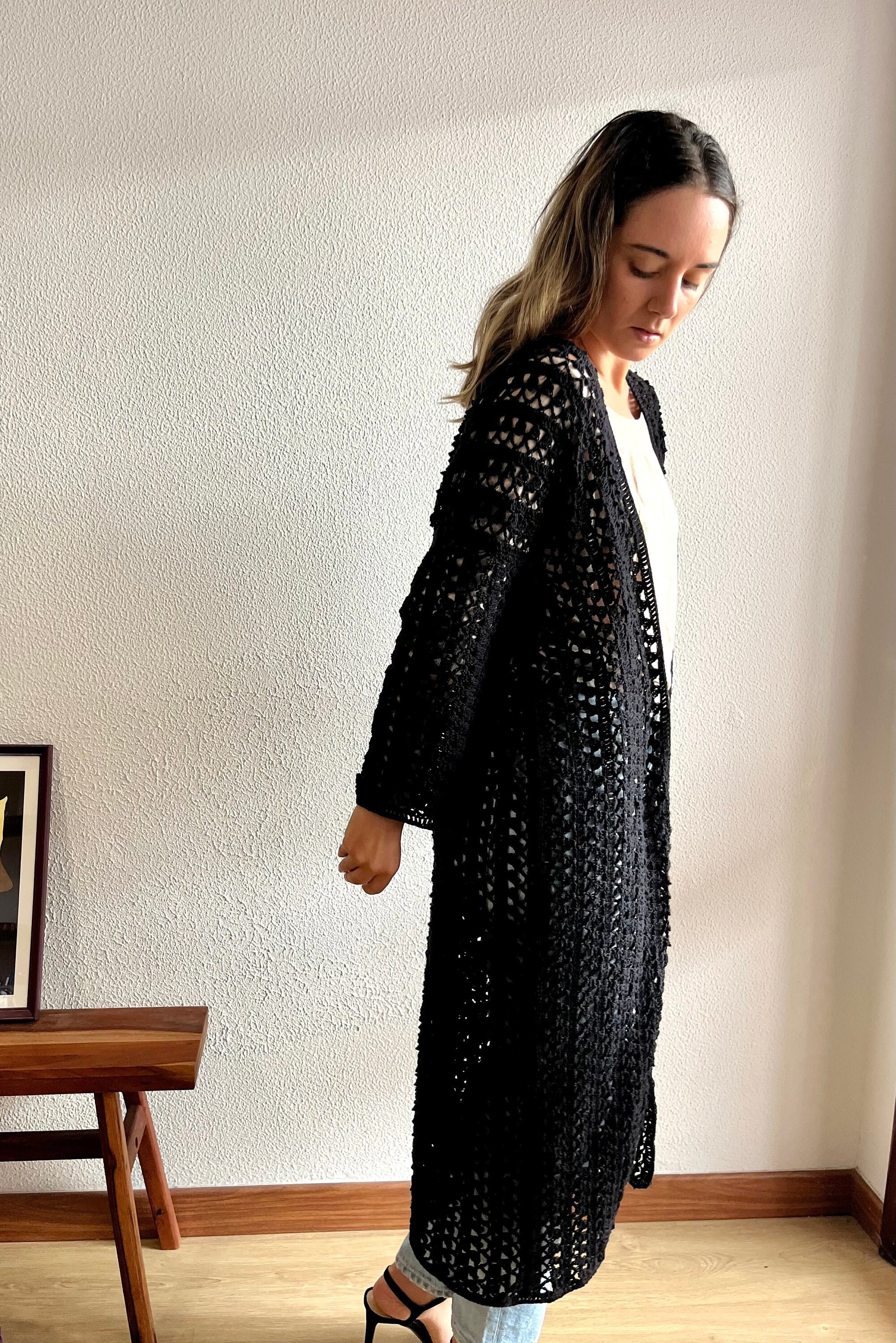long black cardigan for dress crochet cardigan, long cotton robe, crochet duster, crochet dressing gown, organic cotton cardigan, crochet long Black Dark Navy A-Line Ankle soi:structured_boning Colors:Black White it pairs easily with
