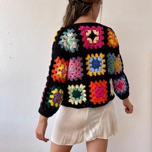 Crochet cotton cardigan, granny square cardigan, black cardigan, knit flower sweater, colorful knit cardigan, retro cardigan floral cardigan image 3