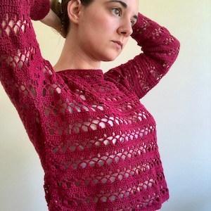 Crochet sweater, Lace sweater, Knit crochet sweater, loose knit sweater, sheer sweater, Long sleeve top, lace pullover, distressed sweater. Burgundy