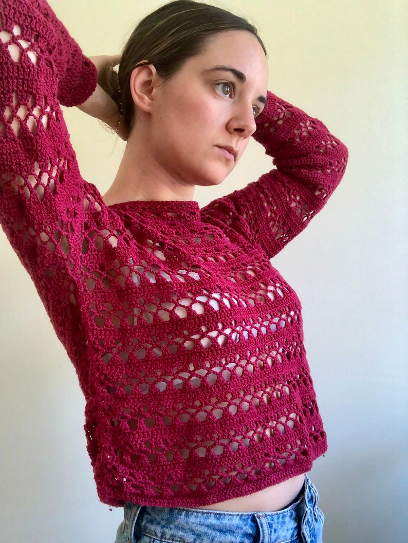 Crochet sweater, Lace sweater, Knit crochet sweater, loose knit sweater, sheer sweater, Long sleeve top, lace pullover, distressed sweater. Burgundy