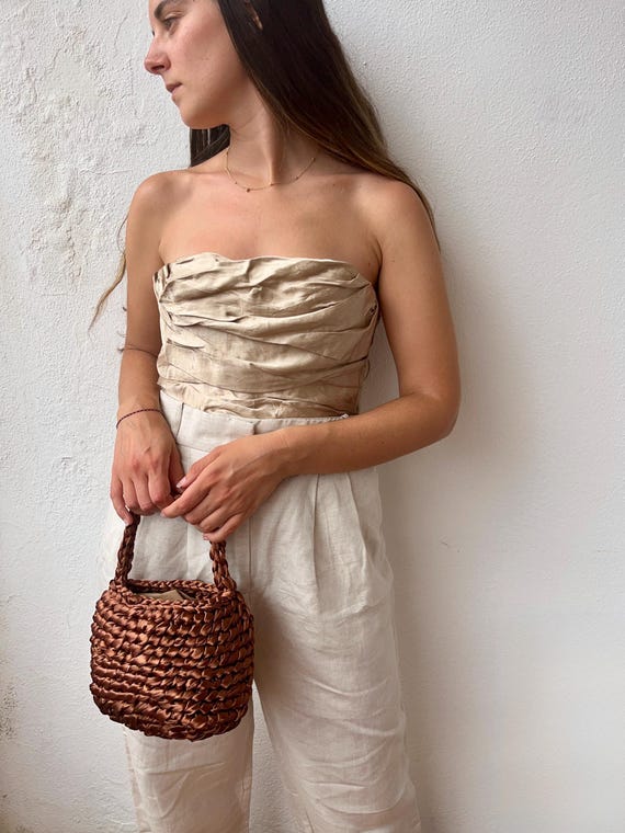 Small evening bucket bag, moon handbag, satin soft evening bag, evening knot bags, brown handbag, party purse, mini clutch, bridesmaids bag