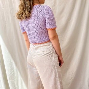 Short Sleeve Knit Top, button up blouse, purple and orange top, crochet top, retro crop top, lace cotton sweater, vintage style tee image 3