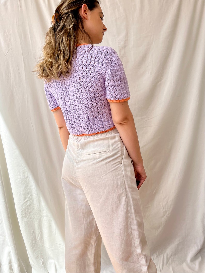 Short Sleeve Knit Top, button up blouse, purple and orange top, crochet top, retro crop top, lace cotton sweater, vintage style tee image 3