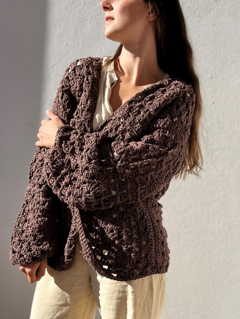 Handmade cardigan cotton, Black organic cotton cardigan, crochet cardigan, crochet sweater, granny square cardigan, knit cardigan, minimal image 8