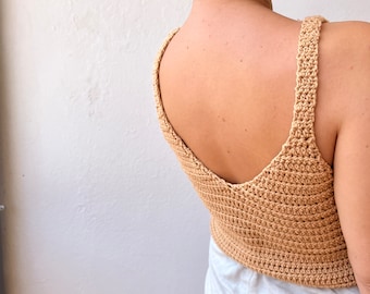 Crochet boho top, Beige cotton top, V neck blouse, knit tank top, comfy top, cottagecore top, Crochet lace top,  camel top, hand knitted top