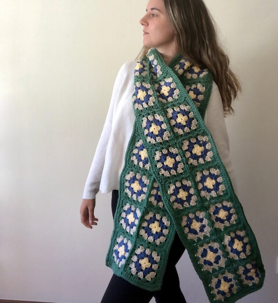 Granny square scarf, green crochet scarf, retro scarf, wool boho wrap, Colorful scarf, boho knit shawl, flower scarf, gift for mother