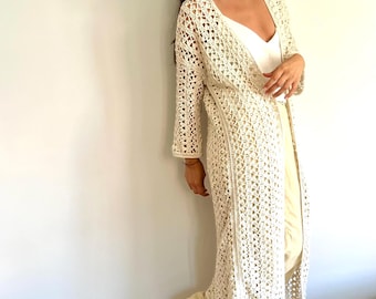 Cotton long kimono, crochet cardigan, long knit jacket, lace cardigan, crochet duster, boho crochet tunic, oversize long cardigan, cover up.
