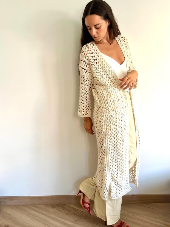 Cotton long kimono, crochet cardigan, long knit jacket, boho cardigan, crochet duster, boho crochet tunic, oversize long cardigan, cover up.