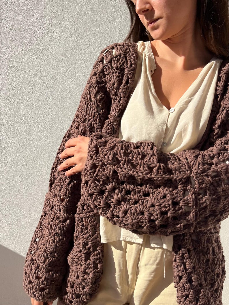 Handmade cardigan cotton, Black organic cotton cardigan, crochet cardigan, crochet sweater, granny square cardigan, knit cardigan, minimal image 17