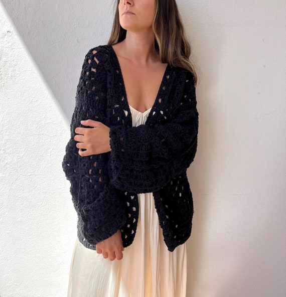 Black organic cotton cardigan, handmade cardigan cotton, crochet cardigan, crochet sweater, granny square cardigan, knit cardigan