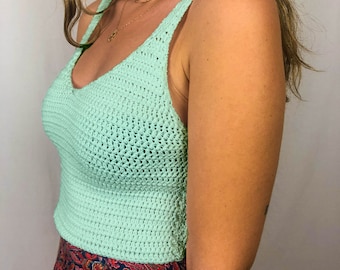 Green v neck tops, green mint top, knitted top y2k, teal crochet top, knit slip top, boho top, cotton handmade top, teal women cropped top