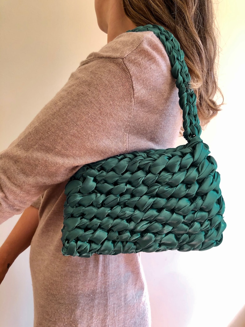 Small shoulder bag, green handbag, satin purse, statement bag, handle bag, evening shoulder bag, clutch purse, party purse, green pochette image 5