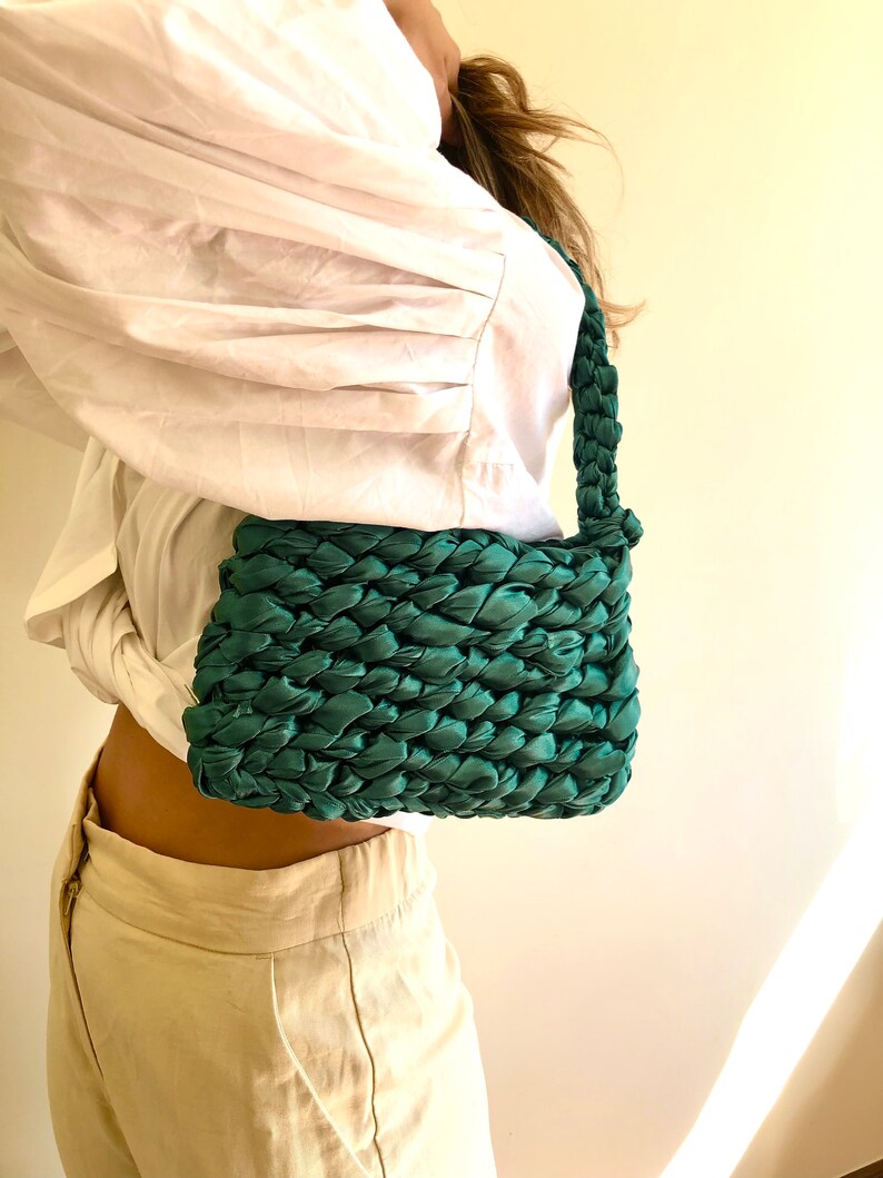 Small shoulder bag, green handbag, satin purse, statement bag, handle bag, evening shoulder bag, clutch purse, party purse, green pochette Green