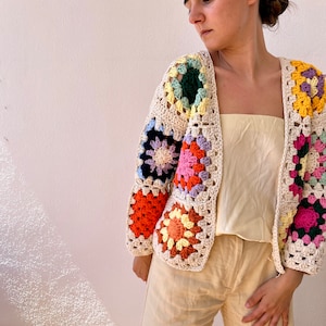 Granny square cardigan, cotton cardigan, crochet cardigan, summer cardigan, cotton bomber, patchwork cardigan, floral cardigan, retro jacket image 7