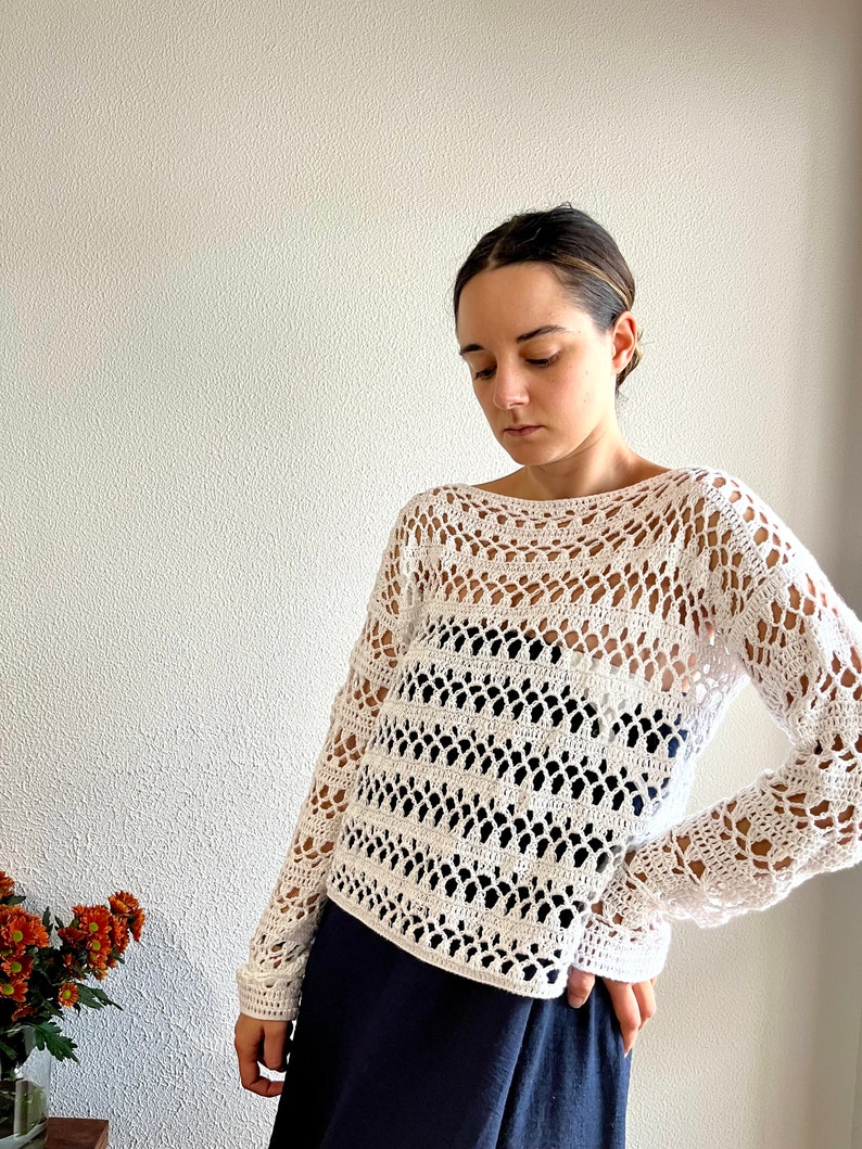 Crochet sweater, Lace sweater, Knit crochet sweater, loose knit sweater, sheer sweater, Long sleeve top, lace pullover, distressed sweater. White