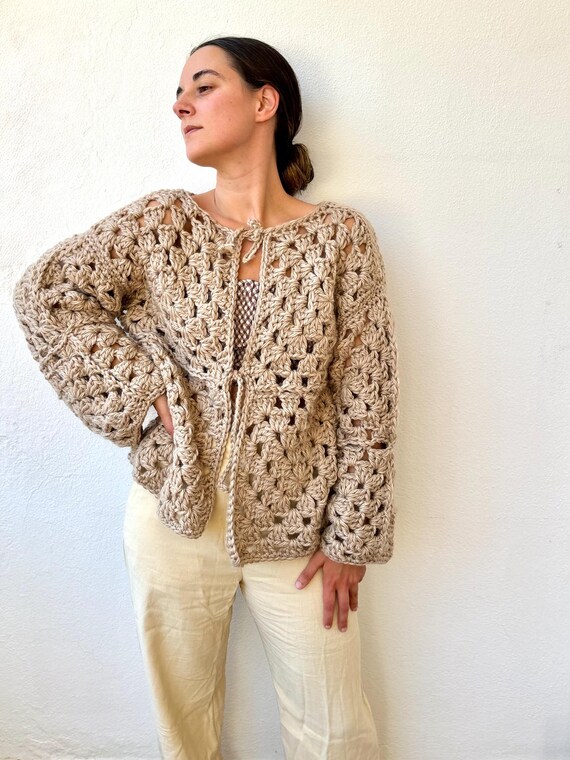 Trui Met Strik Aan De Voorkant Gebreide Oversized Dikke Cropped Cardigan Voor Dames - Lange Mouwen