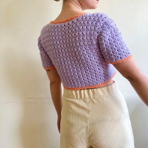 Short Sleeve Knit Top, button up blouse, purple and orange top, crochet top, retro crop top, lace cotton sweater, vintage style tee image 6