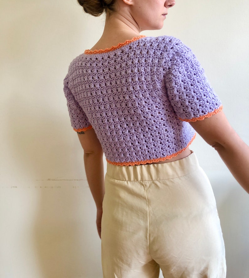 Short Sleeve Knit Top, button up blouse, purple and orange top, crochet top, retro crop top, lace cotton sweater, vintage style tee image 6