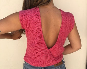 Hot pink V back top, knit pink top, crochet top, open back shirt, summer top for women, bubblegum clothes, blossom tank top, summer shirt.