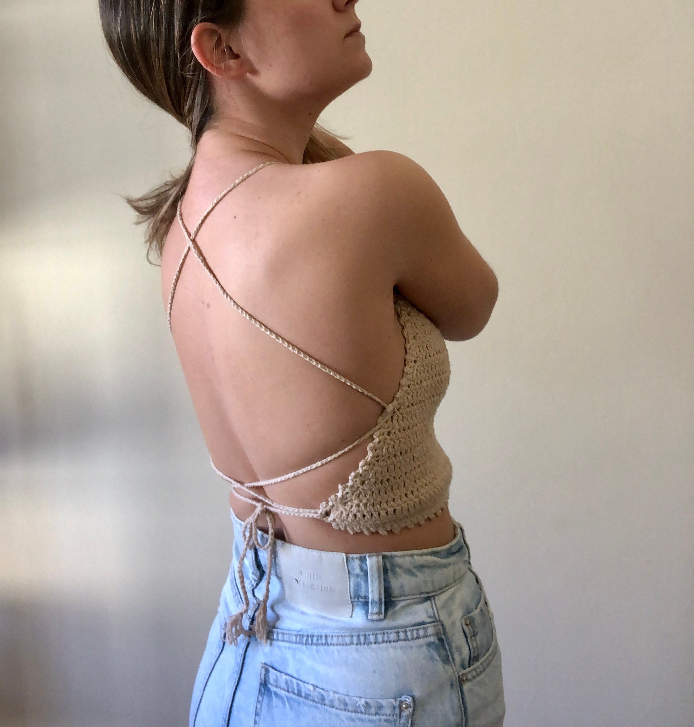 Backless Halter Top, Crochet Festival Top, Cut-out Top, Boho Beige